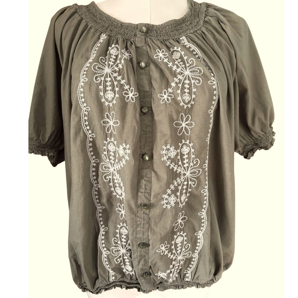 Gloria Vanderbilt Casuals Olive Green Embroidered Peasant Blouse XL Short Sleeve